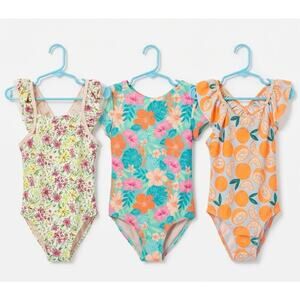 Set of 3 Girls One-Piece Swimsuits | Summer Beachwear | Tropical Orange Floral